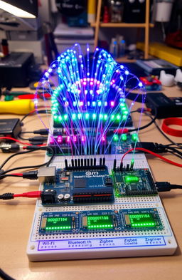 An advanced digital communications setup using Arduino, showcasing an intricate circuit board with multiple Arduino microcontrollers connected wirelessly