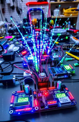 An advanced digital communications setup using Arduino, showcasing an intricate circuit board with multiple Arduino microcontrollers connected wirelessly