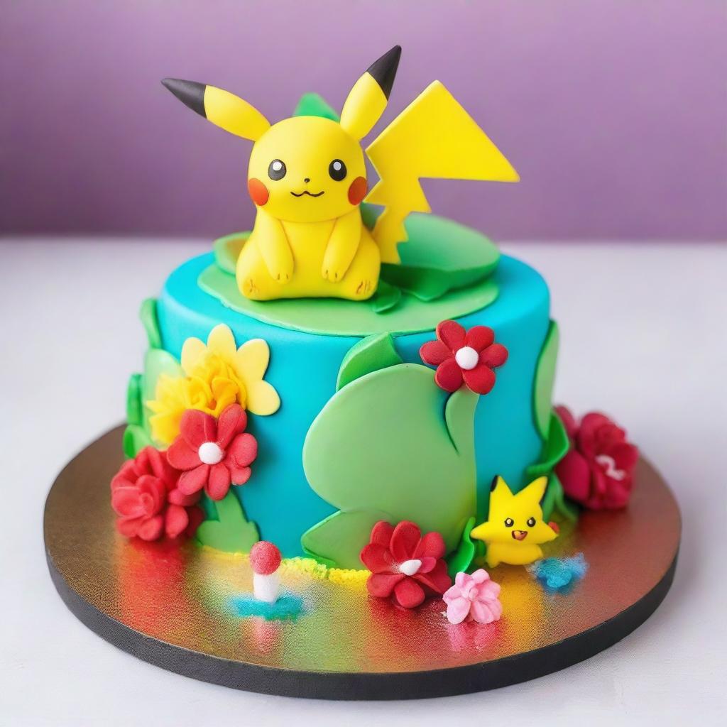 A beautifully detailed Pokemon-themed cake, adorned with fan-favorite Pokemon such as Pikachu and Bulbasaur, embellished with intricate edible flowers, and topped with a sparkling Poké Ball