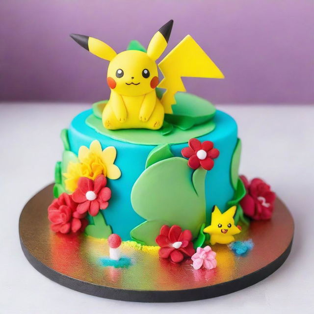 A beautifully detailed Pokemon-themed cake, adorned with fan-favorite Pokemon such as Pikachu and Bulbasaur, embellished with intricate edible flowers, and topped with a sparkling Poké Ball