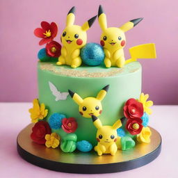 A beautifully detailed Pokemon-themed cake, adorned with fan-favorite Pokemon such as Pikachu and Bulbasaur, embellished with intricate edible flowers, and topped with a sparkling Poké Ball