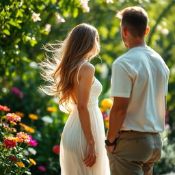 A woman elegantly watching a man from behind in a lush garden setting
