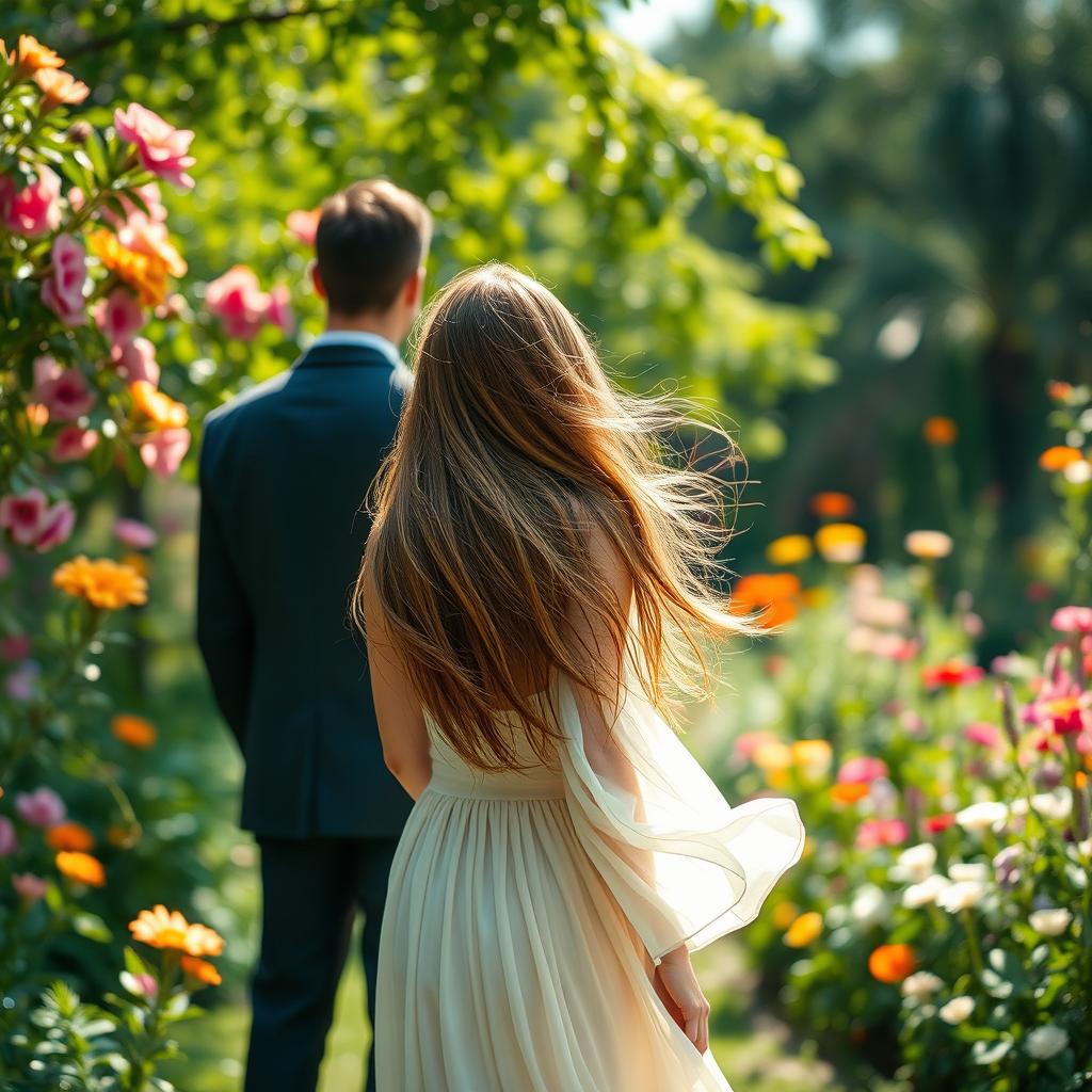 A woman elegantly watching a man from behind in a lush garden setting