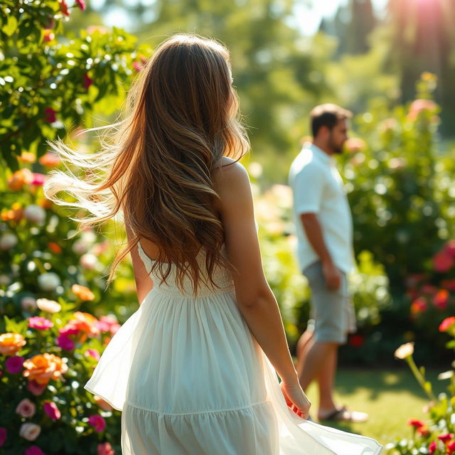 A woman elegantly watching a man from behind in a lush garden setting