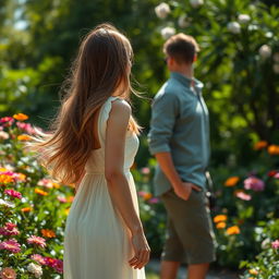 A woman elegantly watching a man from behind in a lush garden setting