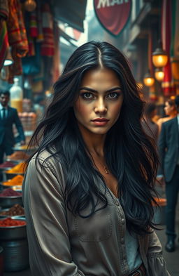 A powerful and emotional scene portraying Ember Rose Marino, a young woman with long flowing dark hair and striking features, as she stands on the bustling streets of India