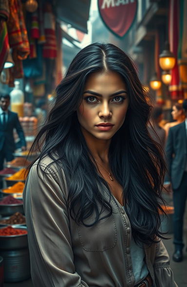A powerful and emotional scene portraying Ember Rose Marino, a young woman with long flowing dark hair and striking features, as she stands on the bustling streets of India