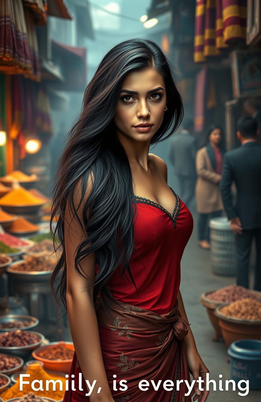 A powerful and emotional scene portraying Ember Rose Marino, a young woman with long flowing dark hair and striking features, as she stands on the bustling streets of India