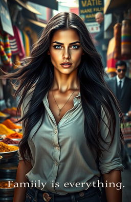 A powerful and emotional scene portraying Ember Rose Marino, a young woman with long flowing dark hair and striking features, as she stands on the bustling streets of India