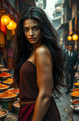 A powerful and emotional scene portraying Ember Rose Marino, a young woman with long flowing dark hair and striking features, as she stands on the bustling streets of India