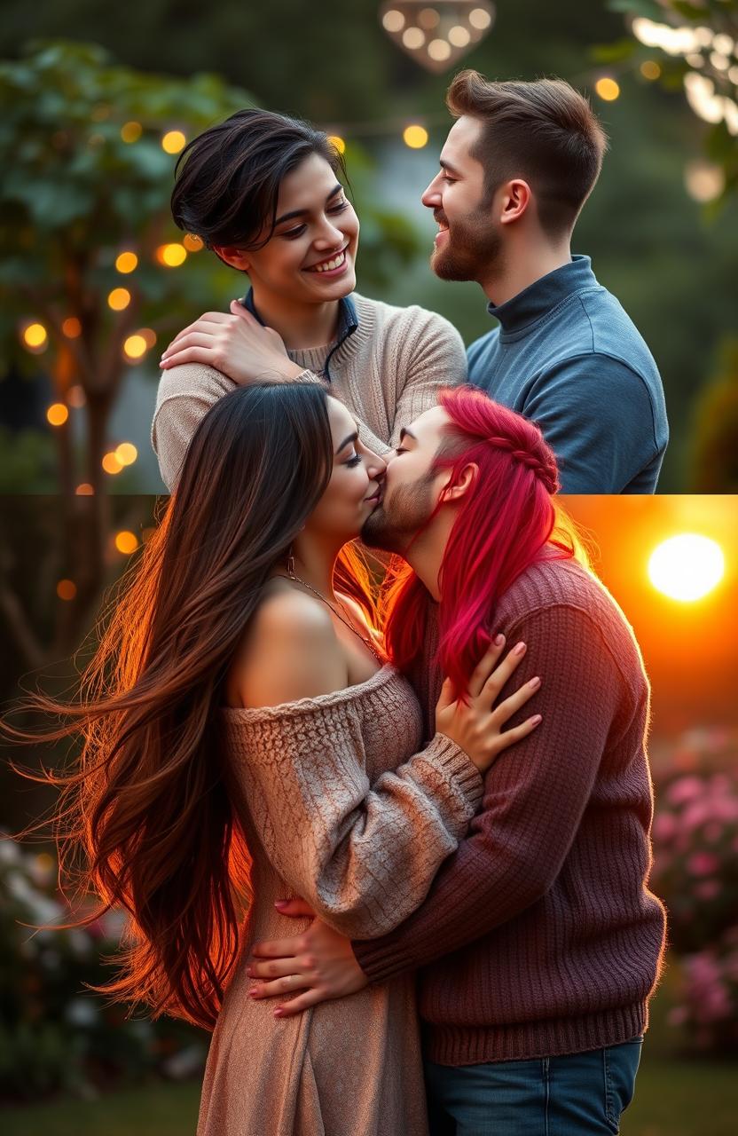 A romantic scene of two loving couples sharing a tender moment in an enchanting outdoor setting