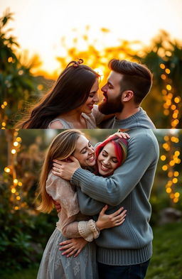 A romantic scene of two loving couples sharing a tender moment in an enchanting outdoor setting