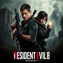A captivating movie poster for 'Resident Evil 8: Reboot (2024)', featuring a hauntingly overgrown cityscape in the background, with crumbling buildings overtaken by nature