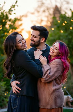A romantic scene of two loving couples sharing a tender moment in an enchanting outdoor setting