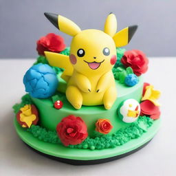 A beautifully detailed Pokemon-themed cake, adorned with fan-favorite Pokemon such as Pikachu and Bulbasaur, embellished with intricate edible flowers, and topped with a sparkling Poké Ball