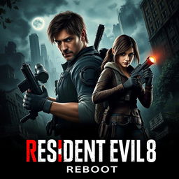 A captivating movie poster for 'Resident Evil 8: Reboot (2024)', featuring a hauntingly overgrown cityscape in the background, with crumbling buildings overtaken by nature