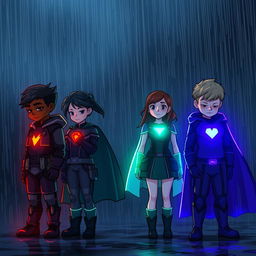 A dark and captivating scene from the story "When Heroes Fall", featuring four diverse young heroes standing in the rain with a somber aura