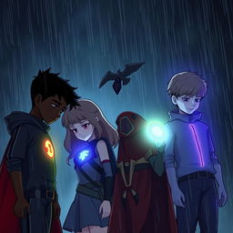 A dark and captivating scene from the story "When Heroes Fall", featuring four diverse young heroes standing in the rain with a somber aura