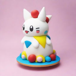 A stunningly beautiful cake inspired by Togepi from Pokemon, featuring the adorable creature playfully perched on a pile of whipped cream icing alongside colorful, edible decorations