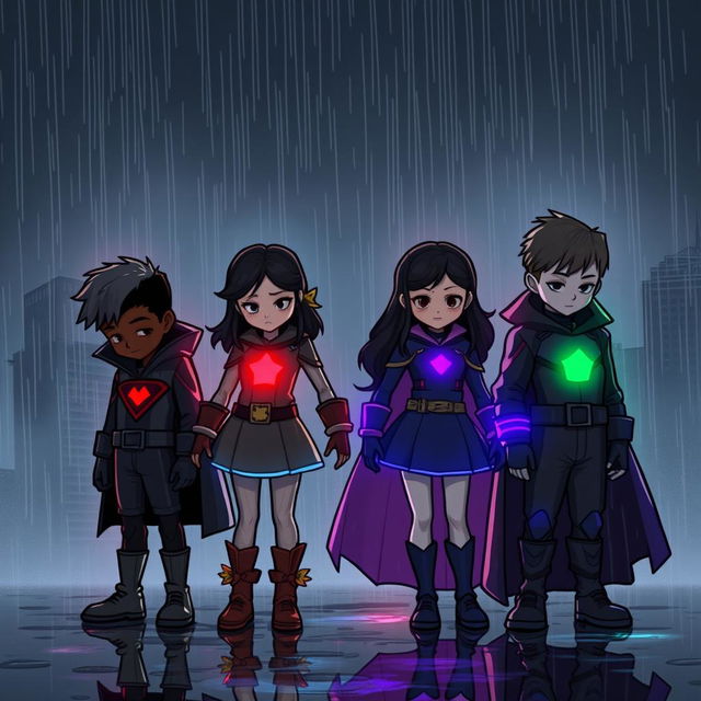 A dark and captivating scene from the story "When Heroes Fall", featuring four diverse young heroes standing in the rain with a somber aura