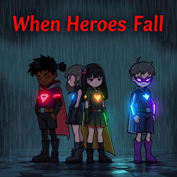 A dark and captivating scene from the story "When Heroes Fall", featuring four diverse young heroes standing in the rain with a somber aura