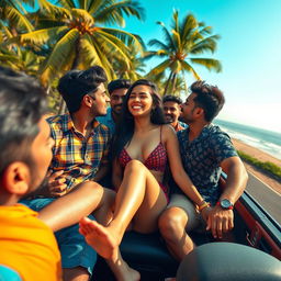 A hot, cute 18-year-old Indian woman with long legs enjoying a playful and intimate moment in a convertible car on a scenic road trip through Goa