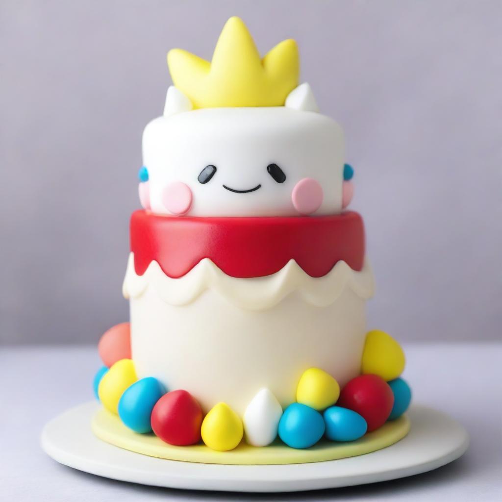 A stunningly beautiful cake inspired by Togepi from Pokemon, featuring the adorable creature playfully perched on a pile of whipped cream icing alongside colorful, edible decorations