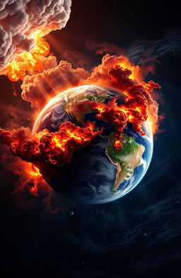 A dramatic view of Earth from space, showcasing the atmosphere filled with fiery clouds, large volcanic eruptions, and chaotic weather patterns as the biblical events of the Book of Revelation unfold, leading to Armageddon