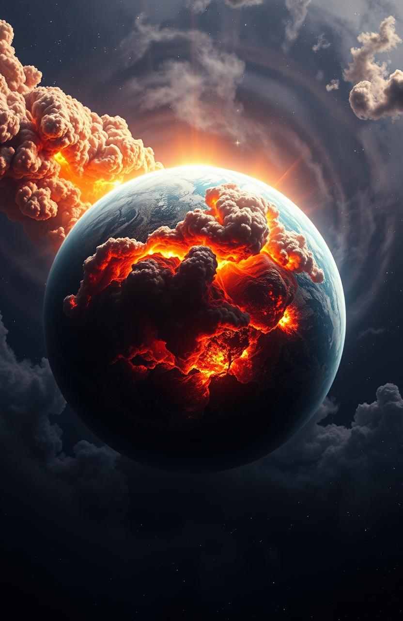 A dramatic view of Earth from space, showcasing the atmosphere filled with fiery clouds, large volcanic eruptions, and chaotic weather patterns as the biblical events of the Book of Revelation unfold, leading to Armageddon