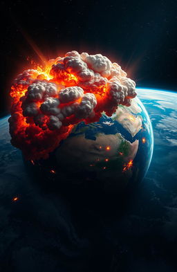 A dramatic view of Earth from space, showcasing the atmosphere filled with fiery clouds, large volcanic eruptions, and chaotic weather patterns as the biblical events of the Book of Revelation unfold, leading to Armageddon