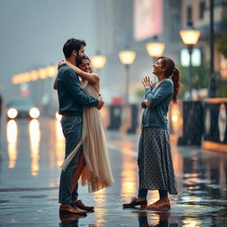 A romantic scene of two couples standing together in the gentle rain, sharing a heartfelt moment