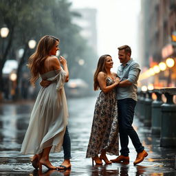 A romantic scene of two couples standing together in the gentle rain, sharing a heartfelt moment
