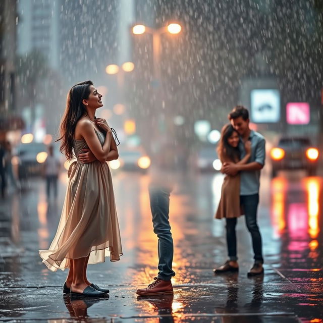 A romantic scene of two couples standing together in the gentle rain, sharing a heartfelt moment