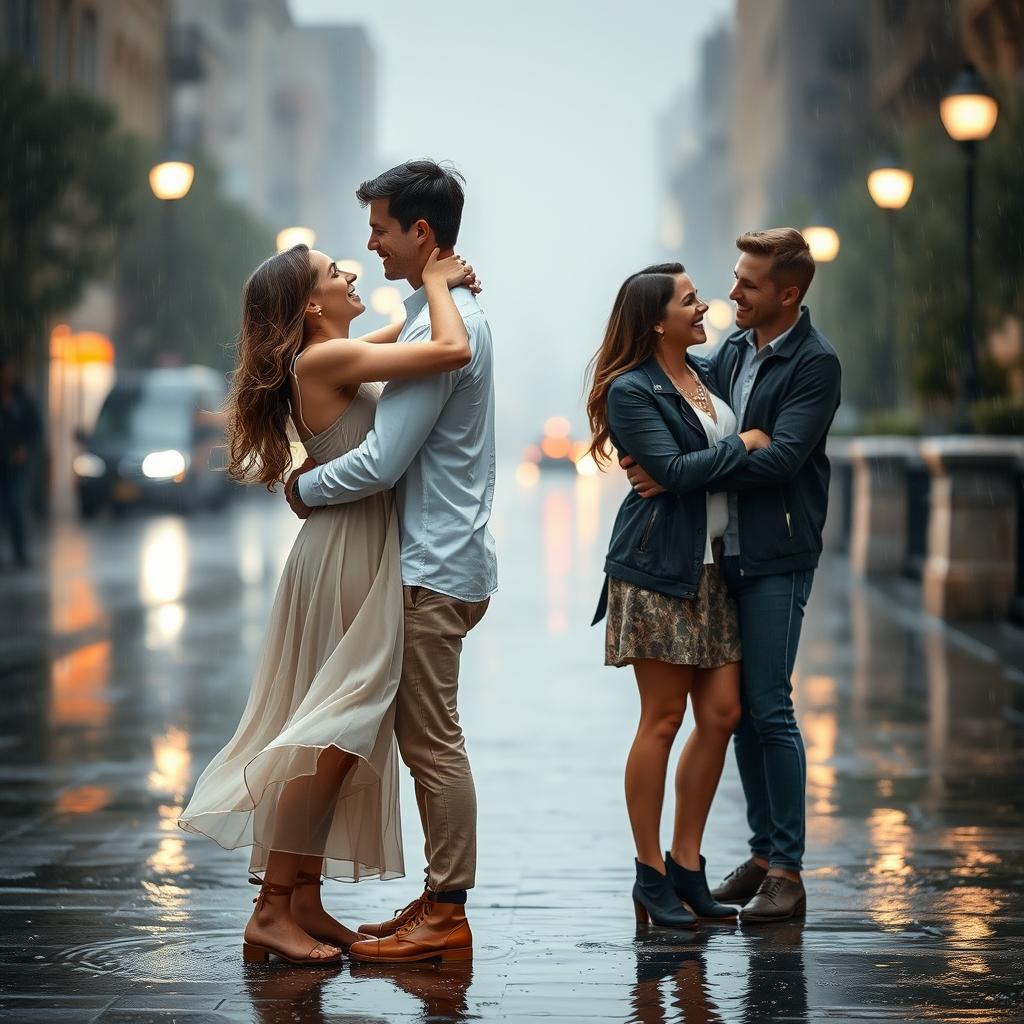 A romantic scene of two couples standing together in the gentle rain, sharing a heartfelt moment