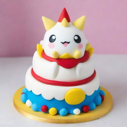 A stunningly beautiful cake inspired by Togepi from Pokemon, featuring the adorable creature playfully perched on a pile of whipped cream icing alongside colorful, edible decorations