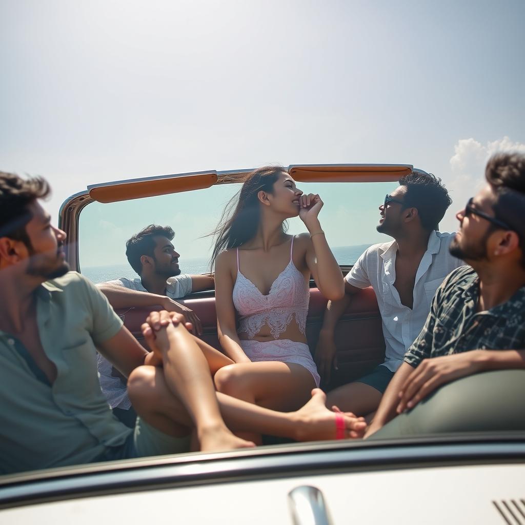 A hot, cute 18-year-old Indian woman with long legs enjoying a playful and enchanting moment in a convertible car during a vibrant road trip through Goa