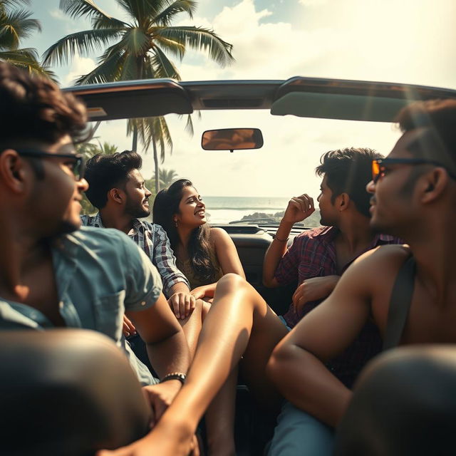 A hot, cute 18-year-old Indian woman with long legs enjoying a playful and enchanting moment in a convertible car during a vibrant road trip through Goa