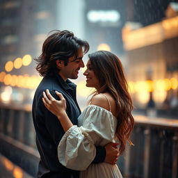 A romantic scene of a couple deeply in love, standing together under a gentle rain