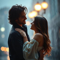 A romantic scene of a couple deeply in love, standing together under a gentle rain
