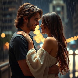A romantic scene of a couple deeply in love, standing together under a gentle rain