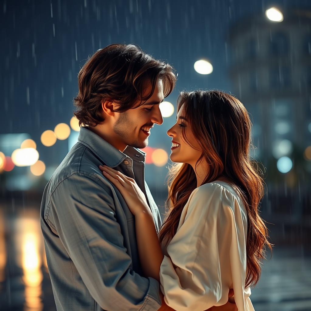 A romantic scene of a couple deeply in love, standing together under a gentle rain