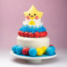 A stunningly beautiful cake inspired by Togepi from Pokemon, featuring the adorable creature playfully perched on a pile of whipped cream icing alongside colorful, edible decorations