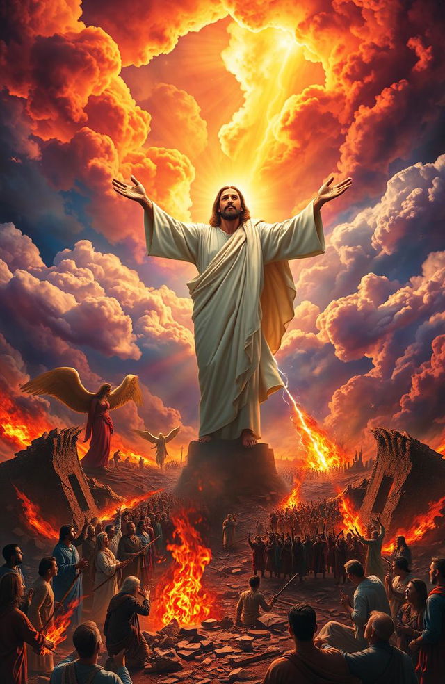 A dramatic scene depicting the second coming of Jesus Christ as the final trumpet sounds, with powerful clouds swirling in the sky, vivid colors exploding in the atmosphere