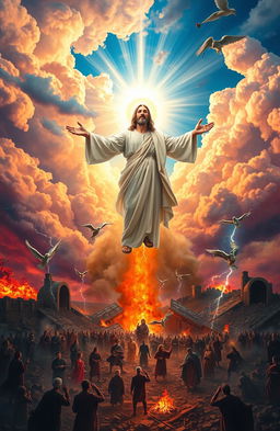 A dramatic scene depicting the second coming of Jesus Christ as the final trumpet sounds, with powerful clouds swirling in the sky, vivid colors exploding in the atmosphere