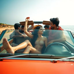 A lively road trip scene in Goa, showcasing a beautiful young Indian woman with long legs radiating confidence and allure