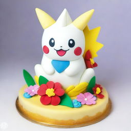 A beautifully detailed cake inspired by the Pokemon Togepi, featuring the loveable character joyfully seated atop the cake, surrounded by delicate, edible flowers and unique Pokemon-themed decorations