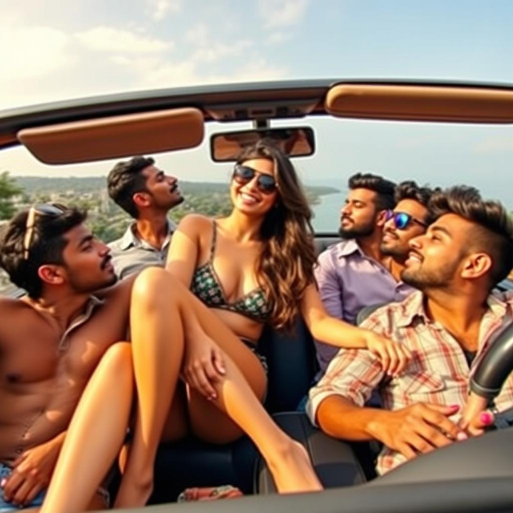 A lively and carefree road trip scene in Goa, capturing a beautiful young Indian woman with long legs, exuding charisma and charm