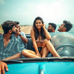 A lively and carefree road trip scene in Goa, capturing a beautiful young Indian woman with long legs, exuding charisma and charm