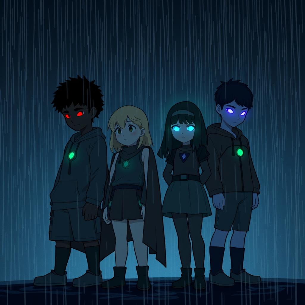 A dark, atmospheric scene from "When Heroes Fall", featuring four young heroes standing together in the rain, heads bowed in deep contemplation