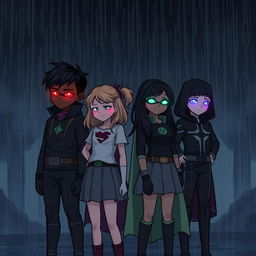 A dark, atmospheric scene from "When Heroes Fall", featuring four young heroes standing together in the rain, heads bowed in deep contemplation